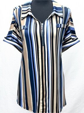 Ava & Grace Stripe Blouse Blue Tan 1/4 Zip Lightweight Women’s 3X
